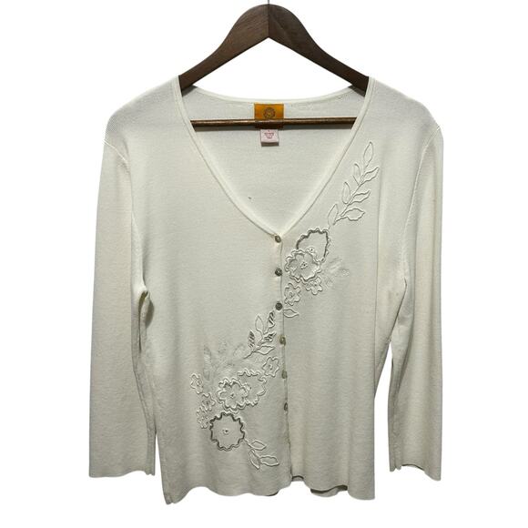 Ruby Rd Women Cardigan Sweater Ivory Embroidered Beaded Cottagecore Boho Classic - Picture 1 of 11